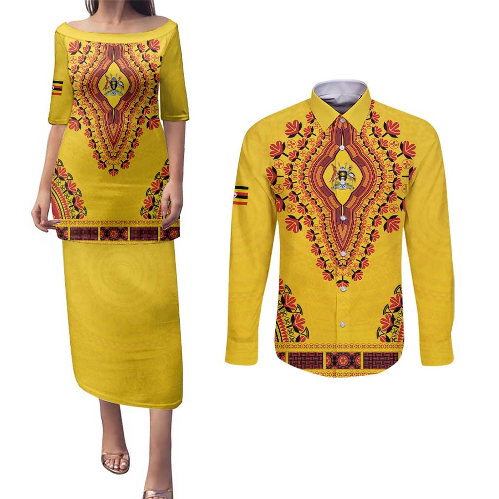 Personalized Uganda African Dashiki Couples Matching Puletasi and Long Sleeve Button Shirt - Wonder Print Shop