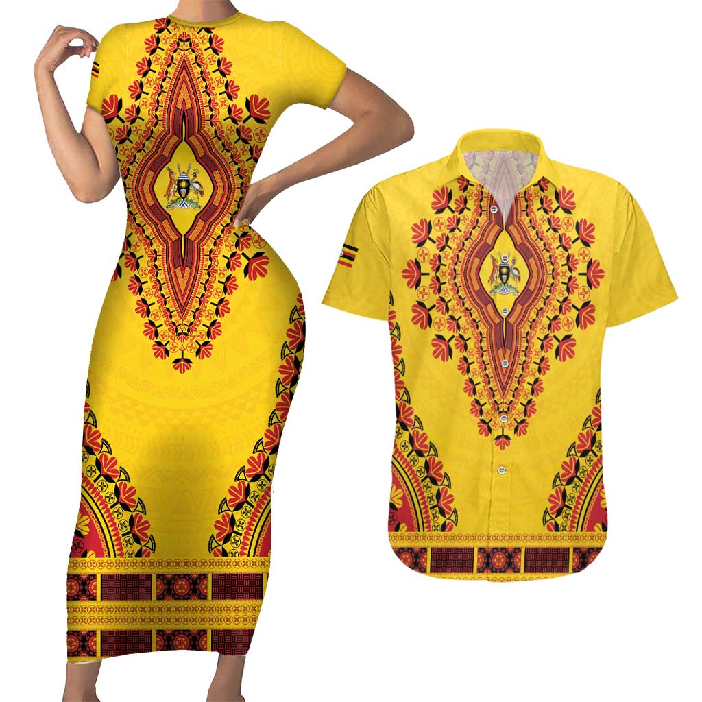 Personalized Uganda African Dashiki Couples Matching Short Sleeve Bodycon Dress and Hawaiian Shirt - Wonder Print Shop