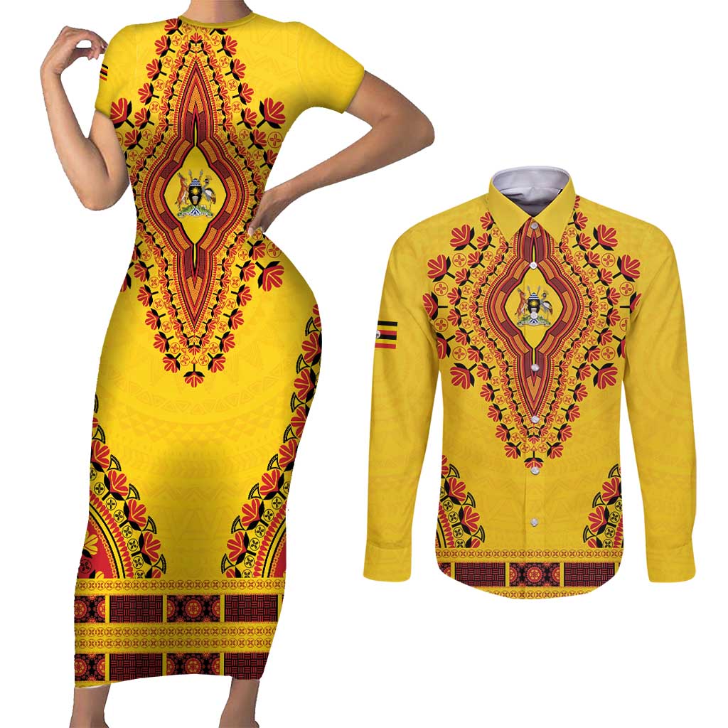 Personalized Uganda African Dashiki Couples Matching Short Sleeve Bodycon Dress and Long Sleeve Button Shirt - Wonder Print Shop