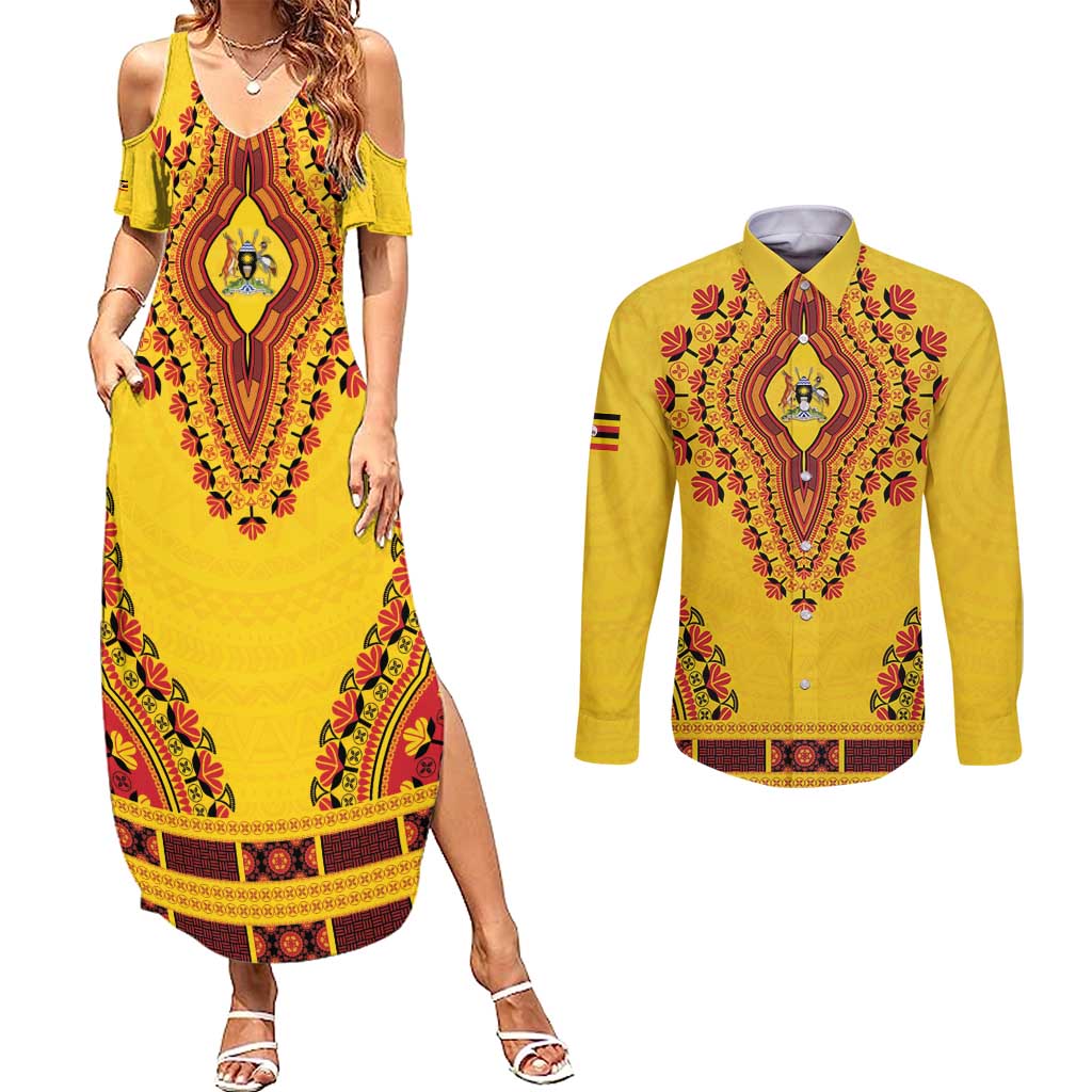 Personalized Uganda African Dashiki Couples Matching Summer Maxi Dress and Long Sleeve Button Shirt - Wonder Print Shop