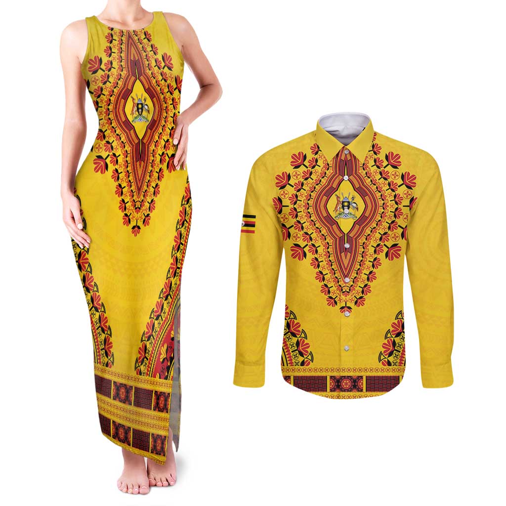 Personalized Uganda African Dashiki Couples Matching Tank Maxi Dress and Long Sleeve Button Shirt - Wonder Print Shop