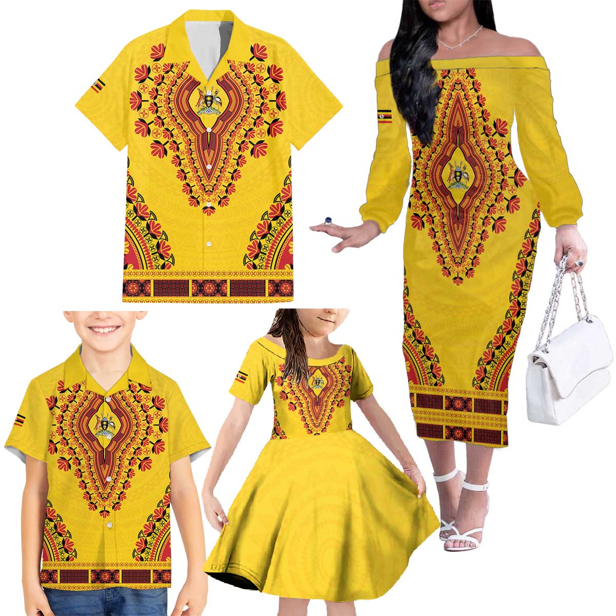 Personalized Uganda African Dashiki Family Matching Off The Shoulder Long Sleeve Dress and Hawaiian Shirt - Wonder Print Shop