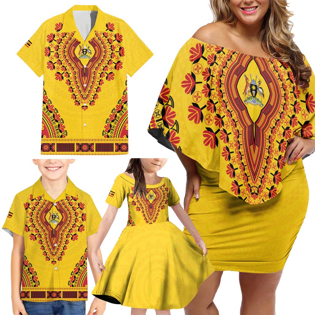 Personalized Uganda African Dashiki Family Matching Off Shoulder Short Dress and Hawaiian Shirt - Wonder Print Shop
