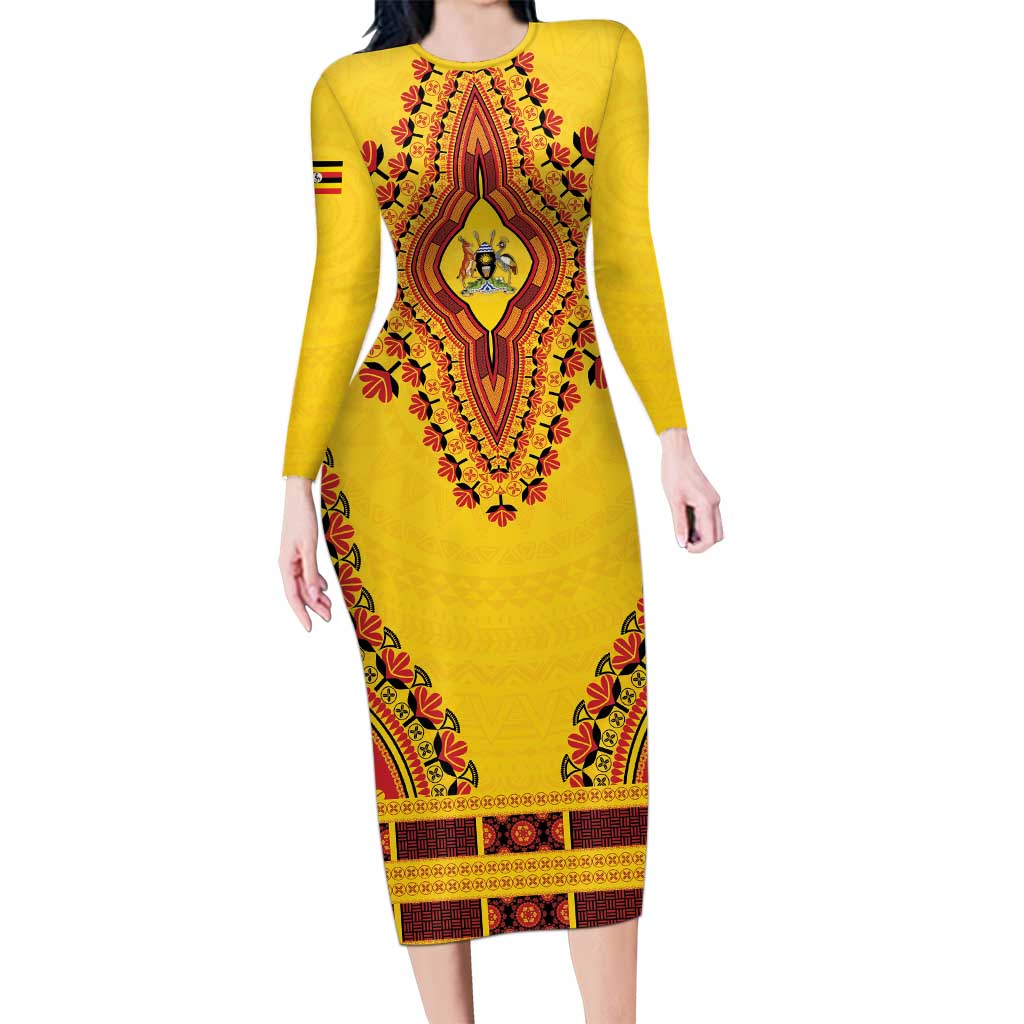 Personalized Uganda African Dashiki Long Sleeve Bodycon Dress - Wonder Print Shop