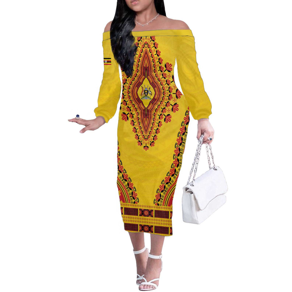 Personalized Uganda African Dashiki Off The Shoulder Long Sleeve Dress - Wonder Print Shop