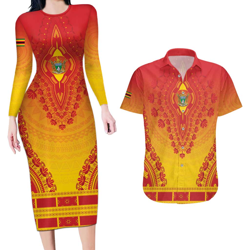 Personalized Zimbabwe African Dashiki Couples Matching Long Sleeve Bodycon Dress and Hawaiian Shirt - Wonder Print Shop