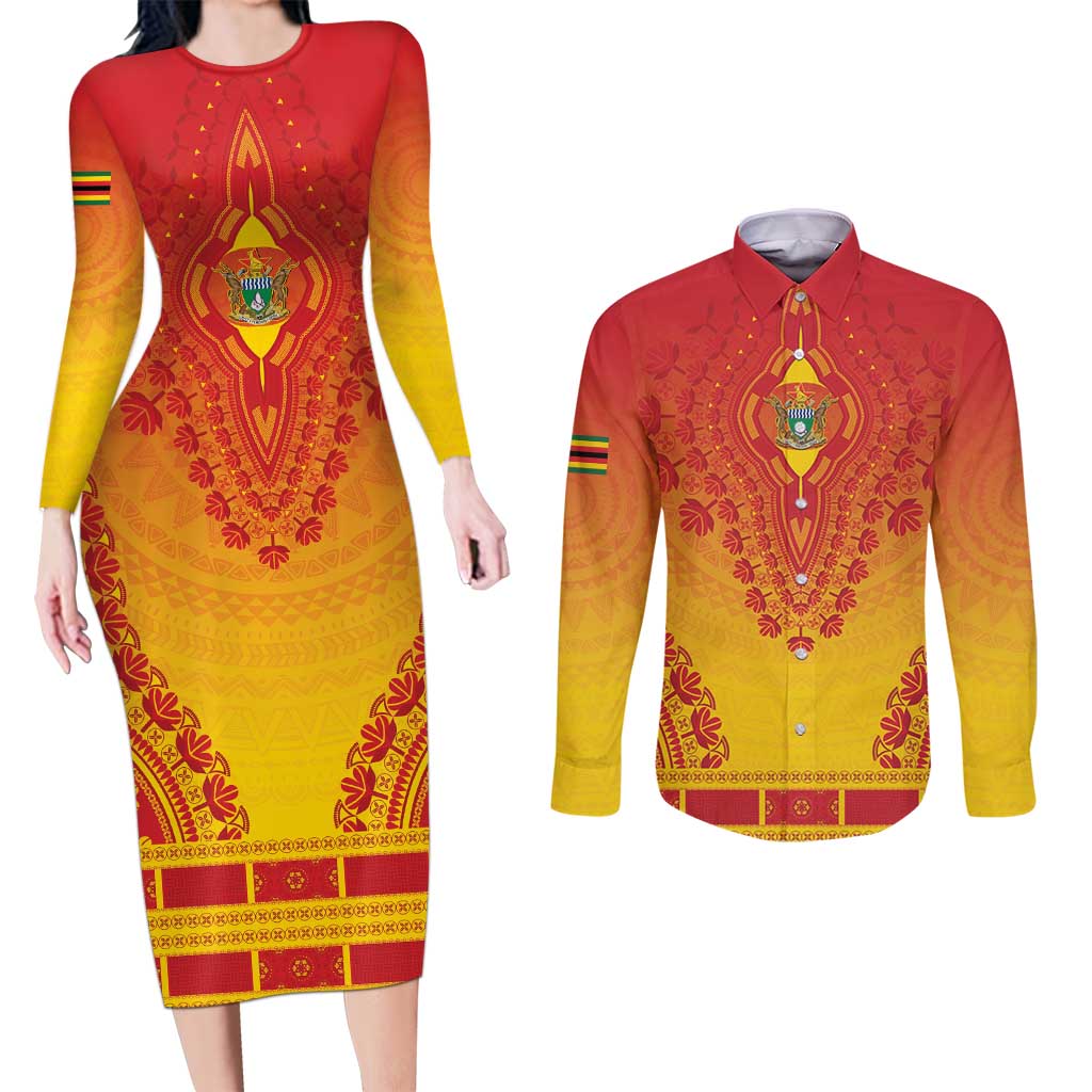 Personalized Zimbabwe African Dashiki Couples Matching Long Sleeve Bodycon Dress and Long Sleeve Button Shirt - Wonder Print Shop