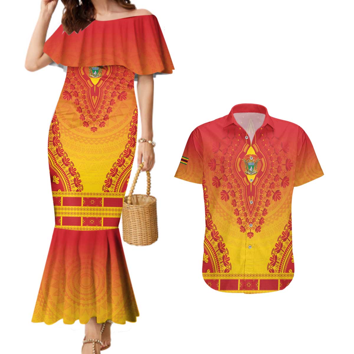 Personalized Zimbabwe African Dashiki Couples Matching Mermaid Dress and Hawaiian Shirt - Wonder Print Shop