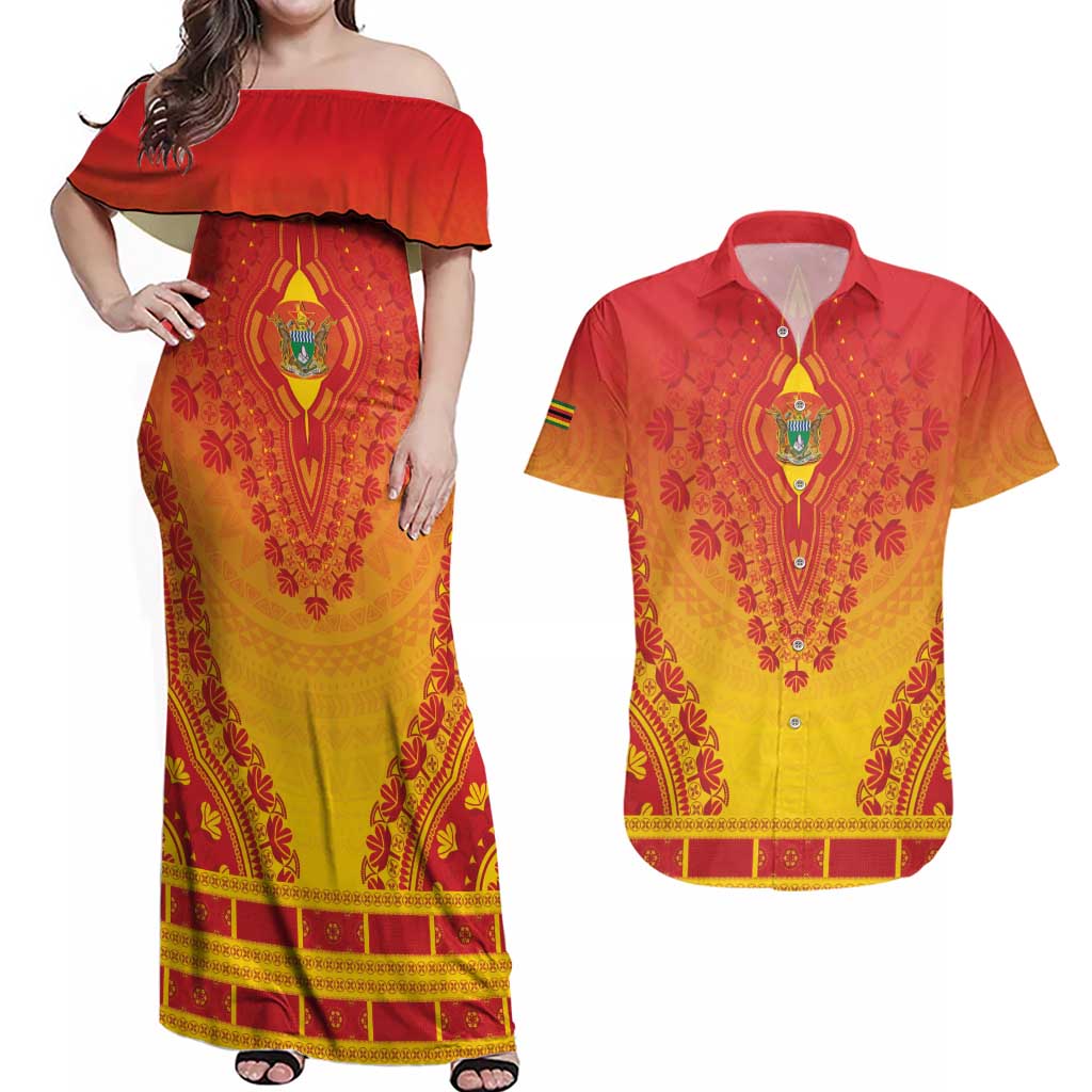 Personalized Zimbabwe African Dashiki Couples Matching Off Shoulder Maxi Dress and Hawaiian Shirt - Wonder Print Shop