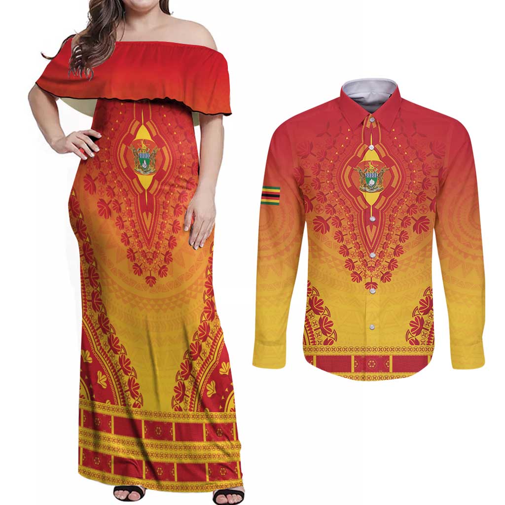 Personalized Zimbabwe African Dashiki Couples Matching Off Shoulder Maxi Dress and Long Sleeve Button Shirt - Wonder Print Shop