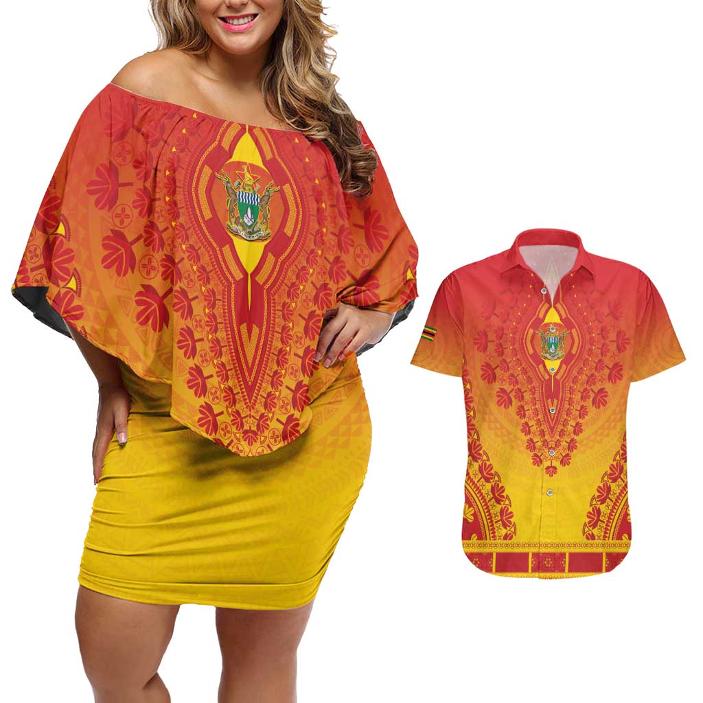 Personalized Zimbabwe African Dashiki Couples Matching Off Shoulder Short Dress and Hawaiian Shirt - Wonder Print Shop