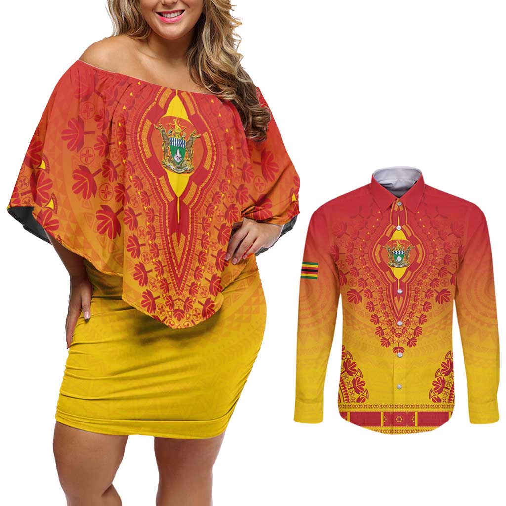 Personalized Zimbabwe African Dashiki Couples Matching Off Shoulder Short Dress and Long Sleeve Button Shirt - Wonder Print Shop