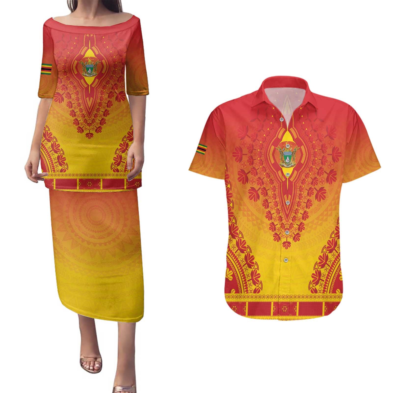 Personalized Zimbabwe African Dashiki Couples Matching Puletasi and Hawaiian Shirt - Wonder Print Shop