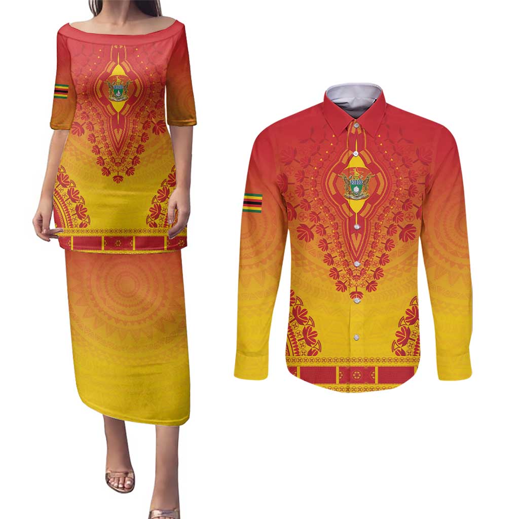 Personalized Zimbabwe African Dashiki Couples Matching Puletasi and Long Sleeve Button Shirt - Wonder Print Shop