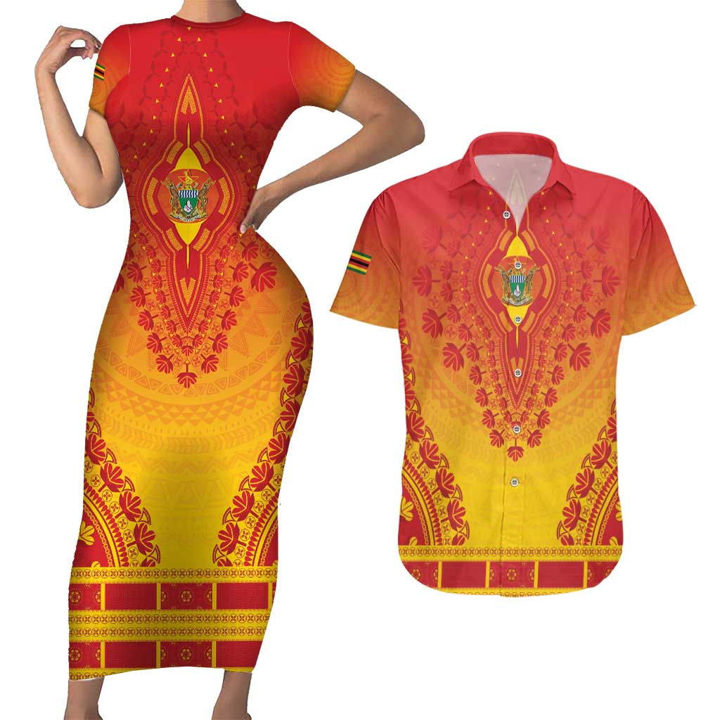 Personalized Zimbabwe African Dashiki Couples Matching Short Sleeve Bodycon Dress and Hawaiian Shirt - Wonder Print Shop