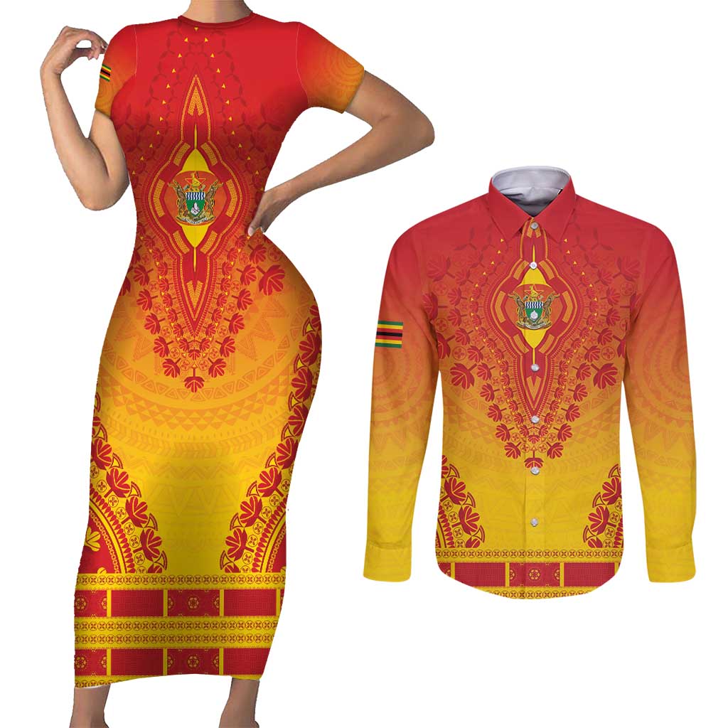 Personalized Zimbabwe African Dashiki Couples Matching Short Sleeve Bodycon Dress and Long Sleeve Button Shirt - Wonder Print Shop
