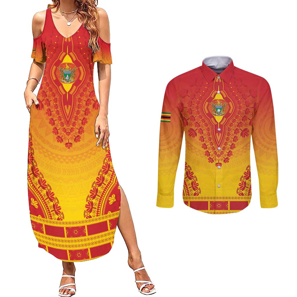 Personalized Zimbabwe African Dashiki Couples Matching Summer Maxi Dress and Long Sleeve Button Shirt - Wonder Print Shop