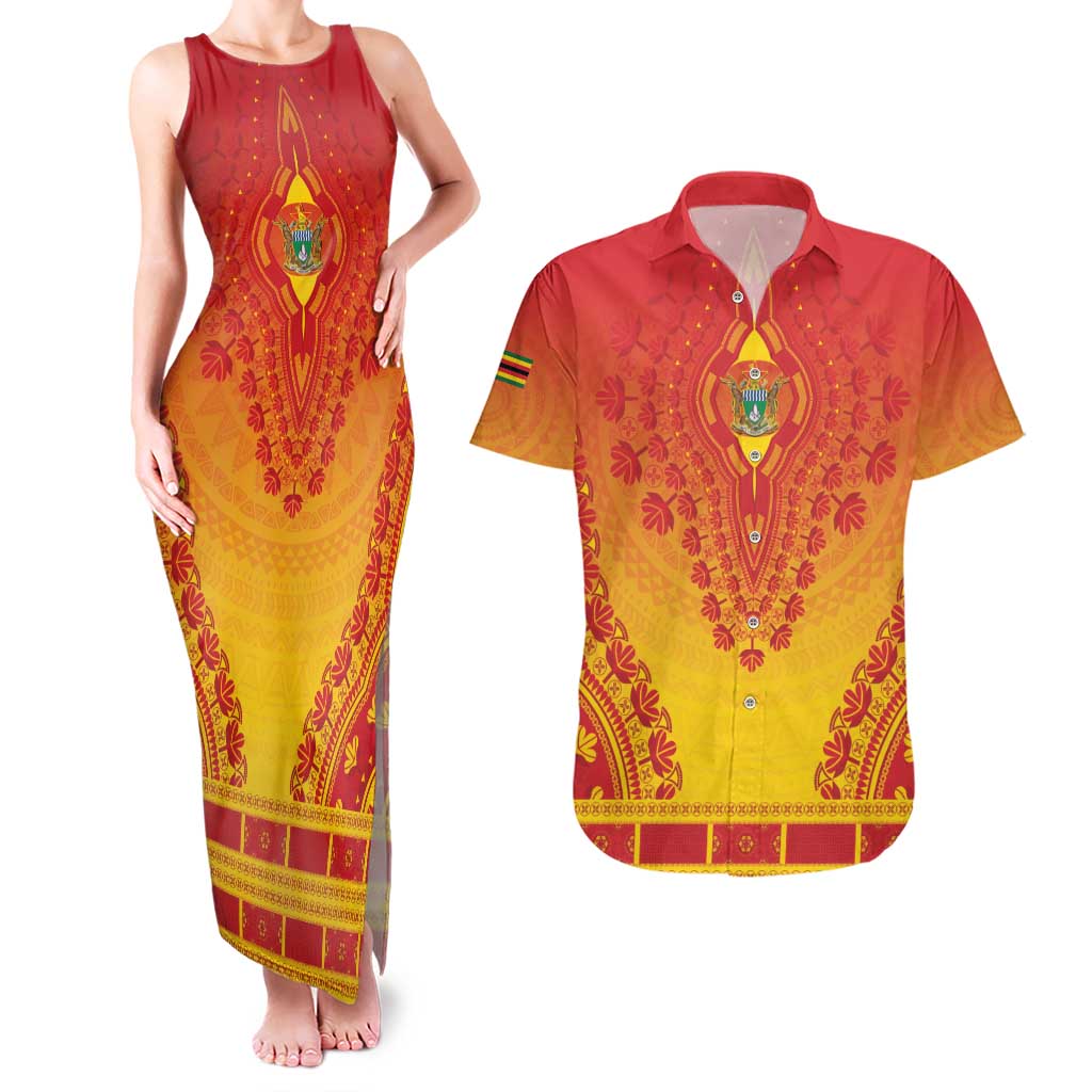 Personalized Zimbabwe African Dashiki Couples Matching Tank Maxi Dress and Hawaiian Shirt - Wonder Print Shop
