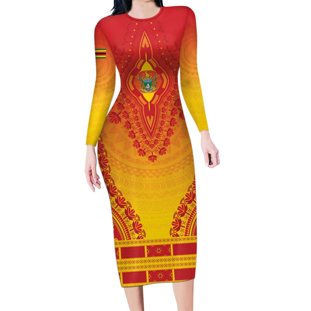 Personalized Zimbabwe African Dashiki Long Sleeve Bodycon Dress - Wonder Print Shop