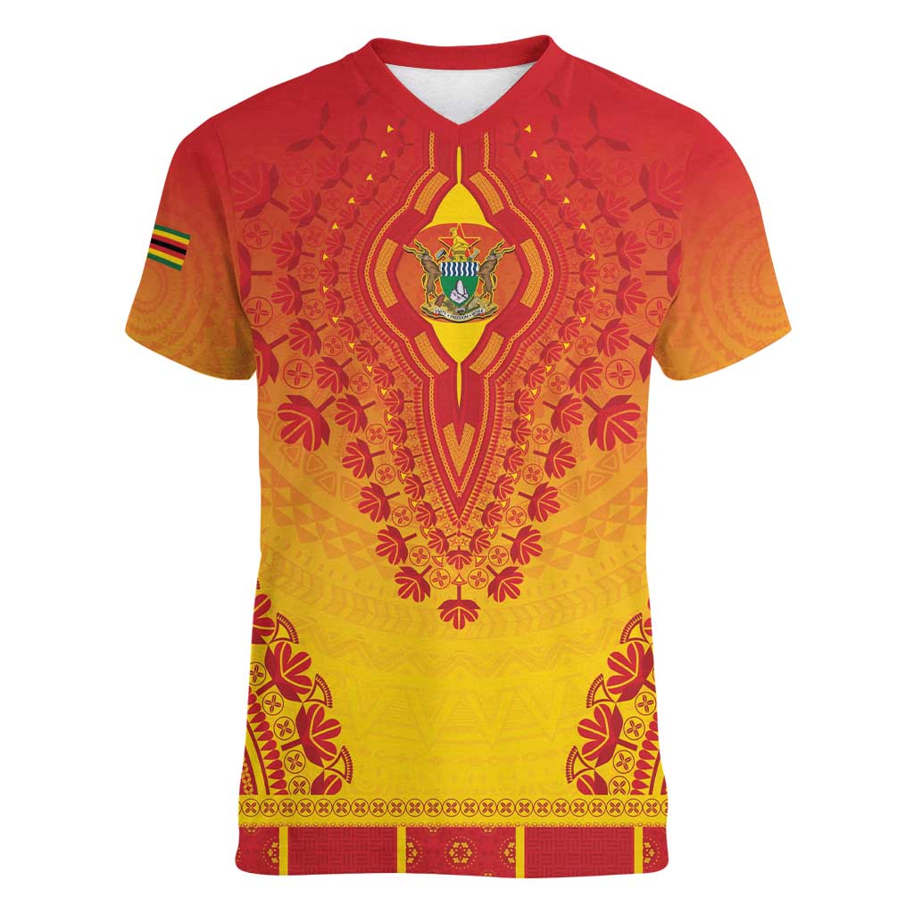 Personalized Zimbabwe African Dashiki Women V-Neck T-Shirt - Wonder Print Shop