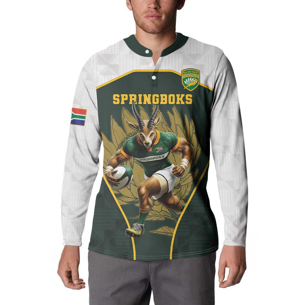 South Africa Rugby Personalised Button Sweatshirt Springboks Mascot With King Protea -  African Pattern - Wonder Print Shop