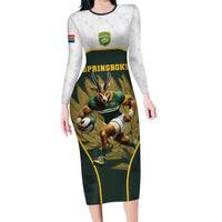 South Africa Rugby Personalised Family Matching Long Sleeve Bodycon Dress and Hawaiian Shirt Springboks Mascot With King Protea -  African Pattern - Wonder Print Shop