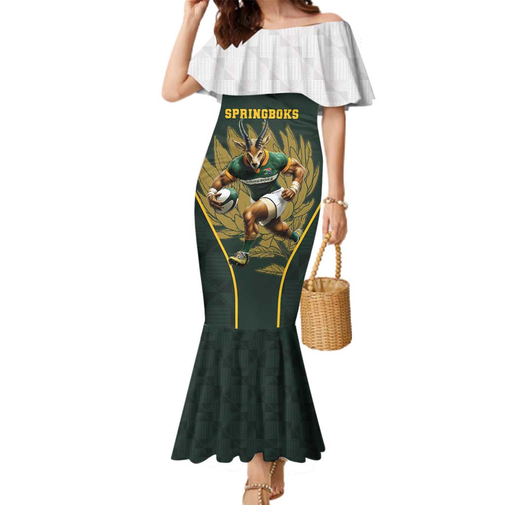 South Africa Rugby Personalised Family Matching Mermaid Dress and Hawaiian Shirt Springboks Mascot With King Protea -  African Pattern - Wonder Print Shop