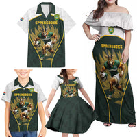 South Africa Rugby Personalised Family Matching Off Shoulder Maxi Dress and Hawaiian Shirt Springboks Mascot With King Protea -  African Pattern - Wonder Print Shop