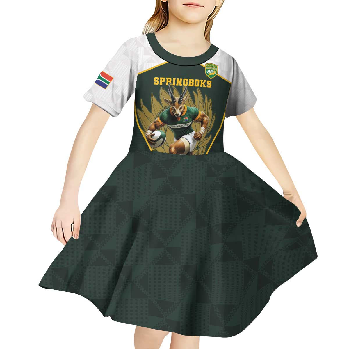 South Africa Rugby Personalised Kid Short Sleeve Dress Springboks Mascot With King Protea -  African Pattern - Wonder Print Shop