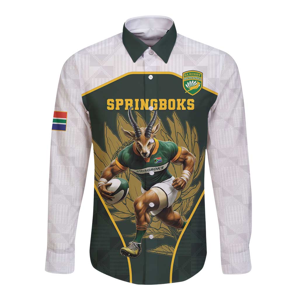 South Africa Rugby Personalised Long Sleeve Button Shirt Springboks Mascot With King Protea -  African Pattern - Wonder Print Shop