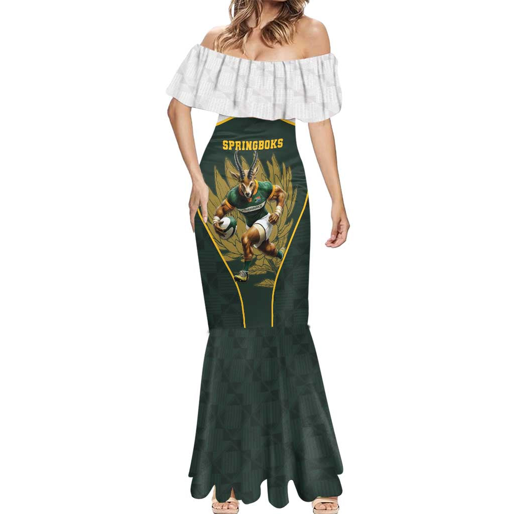 South Africa Rugby Personalised Mermaid Dress Springboks Mascot With King Protea -  African Pattern - Wonder Print Shop