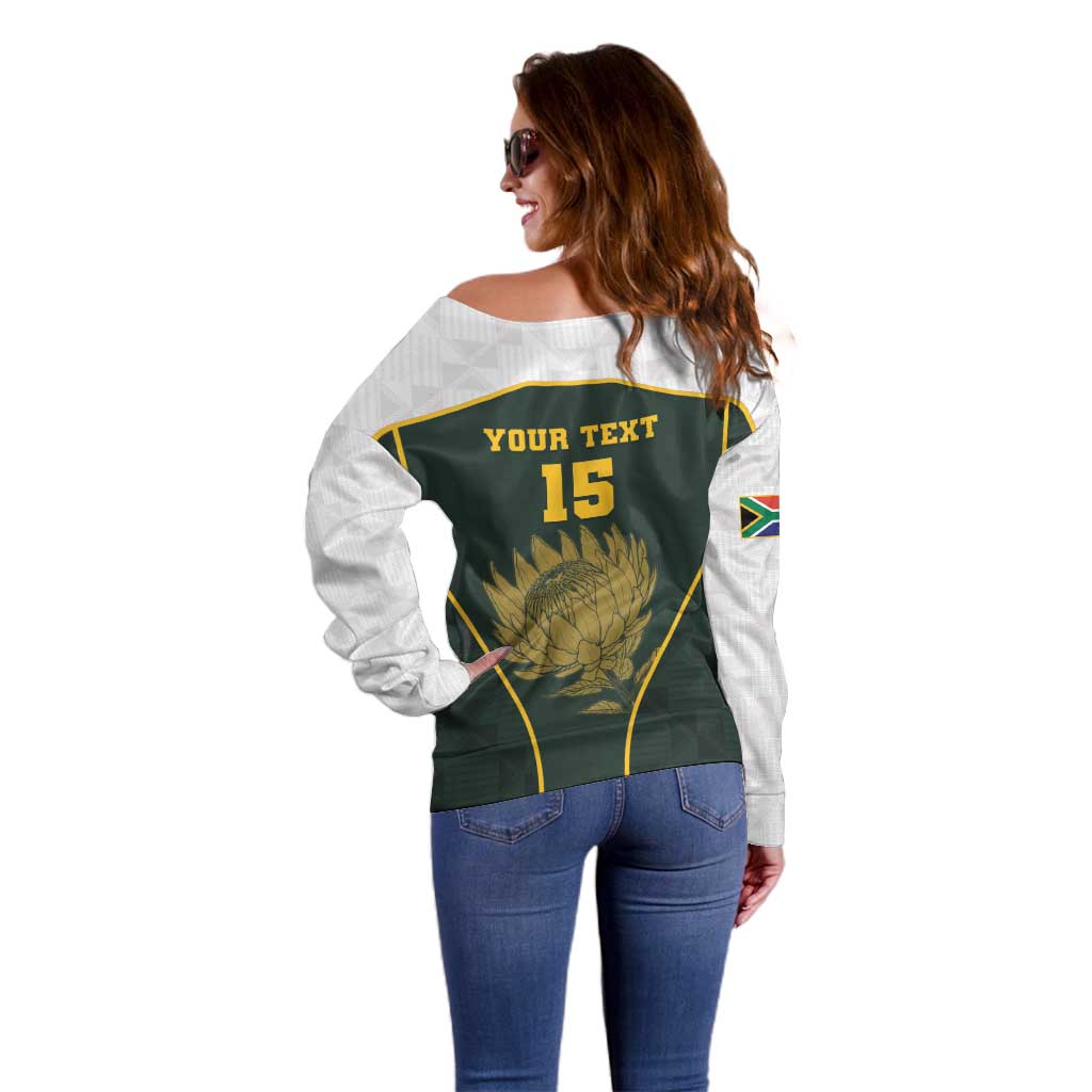 South Africa Rugby Personalised Off Shoulder Sweater Springboks Mascot With King Protea -  African Pattern - Wonder Print Shop