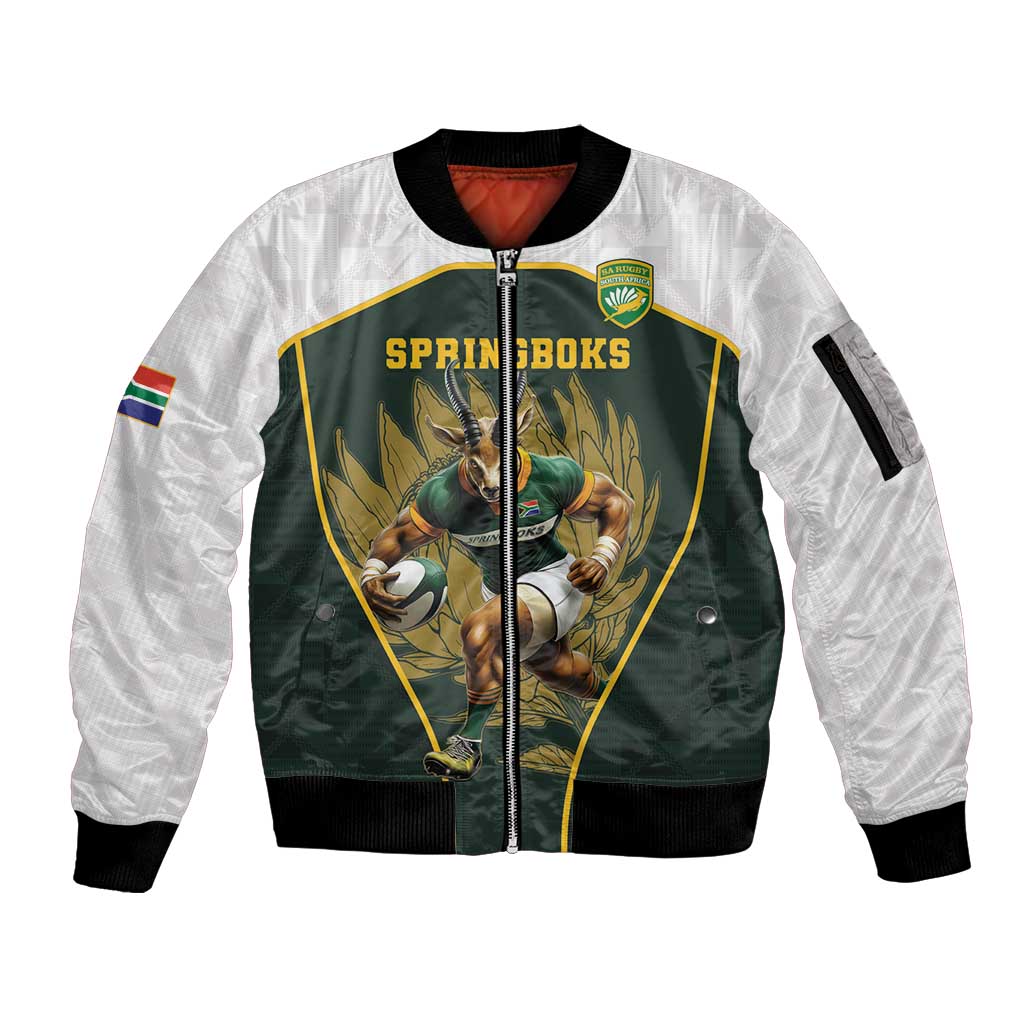 South Africa Rugby Personalised Sleeve Zip Bomber Jacket Springboks Mascot With King Protea -  African Pattern - Wonder Print Shop