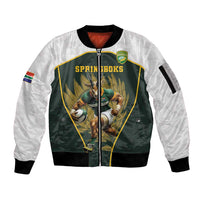 South Africa Rugby Personalised Sleeve Zip Bomber Jacket Springboks Mascot With King Protea -  African Pattern - Wonder Print Shop