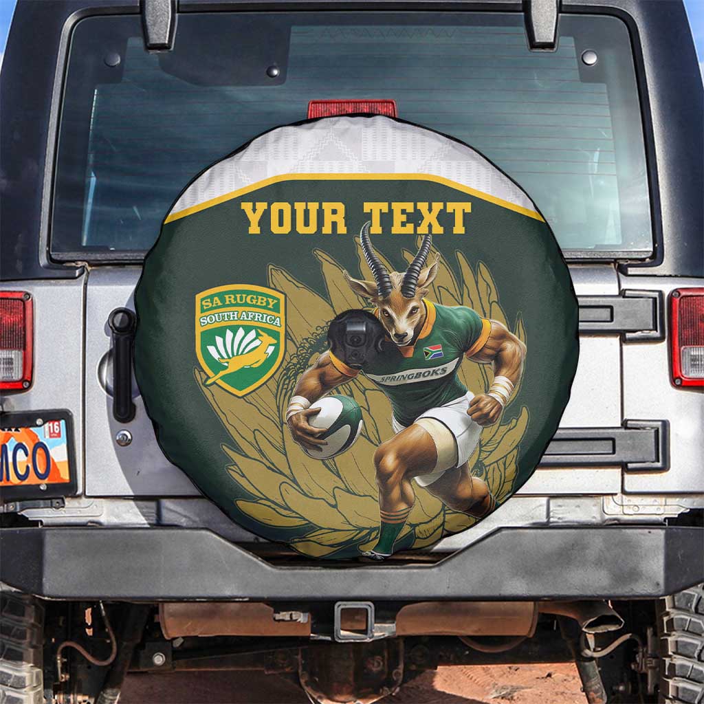 South Africa Rugby Personalised Spare Tire Cover Springboks Mascot With King Protea -  African Pattern - Wonder Print Shop