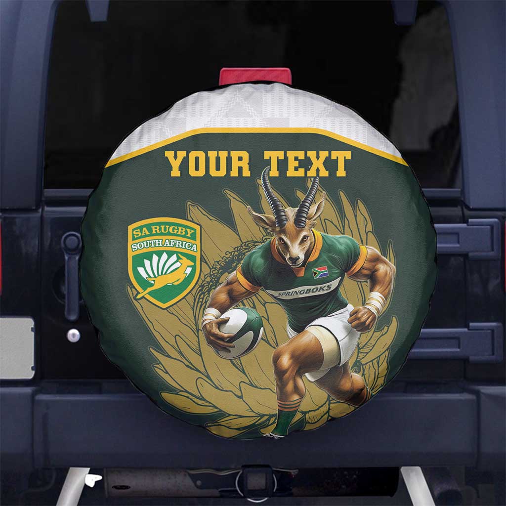 South Africa Rugby Personalised Spare Tire Cover Springboks Mascot With King Protea -  African Pattern - Wonder Print Shop