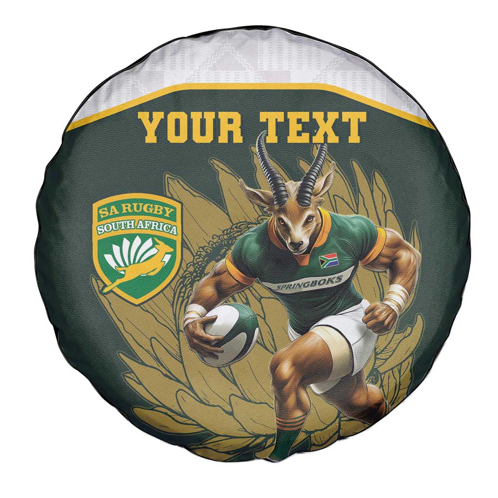 South Africa Rugby Personalised Spare Tire Cover Springboks Mascot With King Protea -  African Pattern - Wonder Print Shop