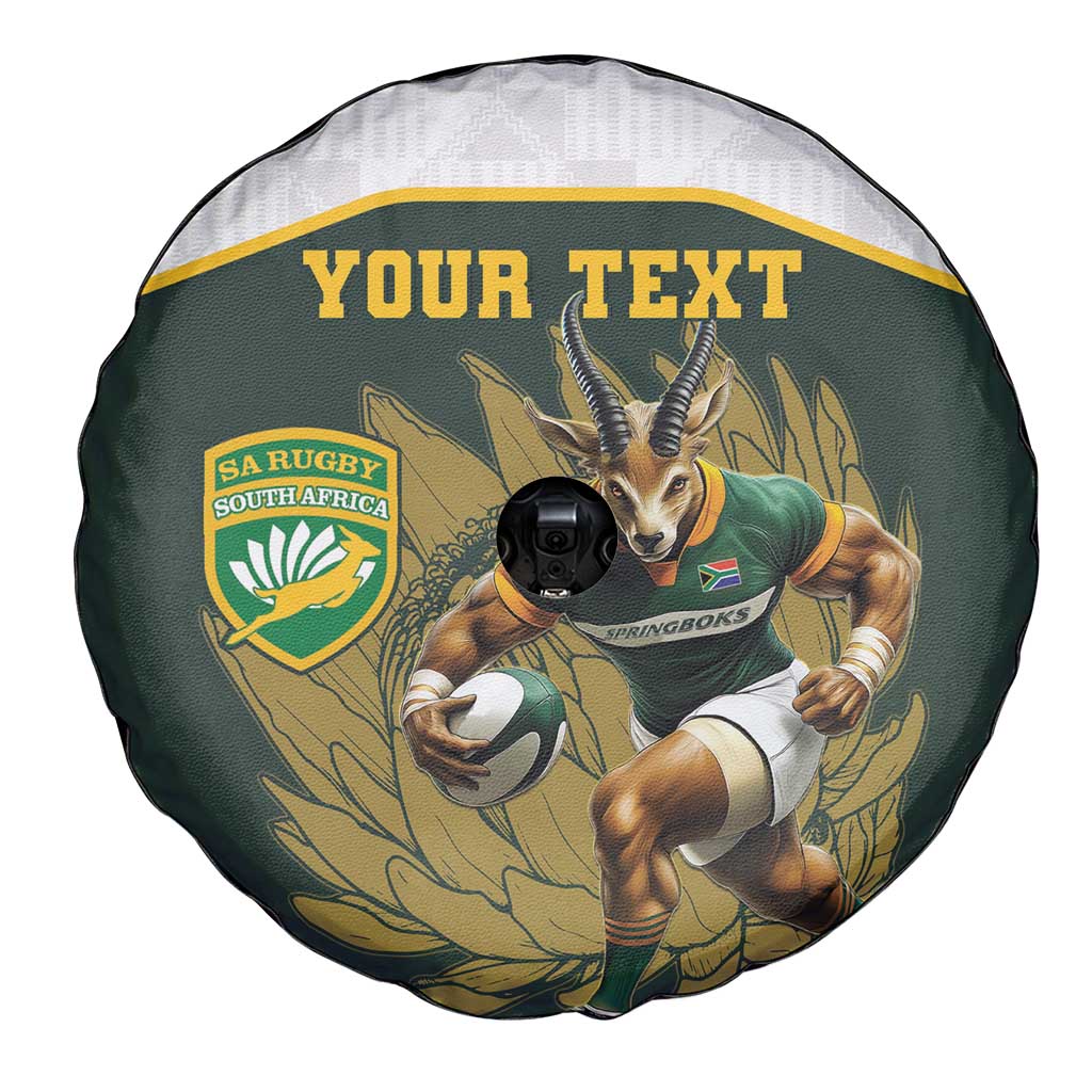 South Africa Rugby Personalised Spare Tire Cover Springboks Mascot With King Protea -  African Pattern - Wonder Print Shop
