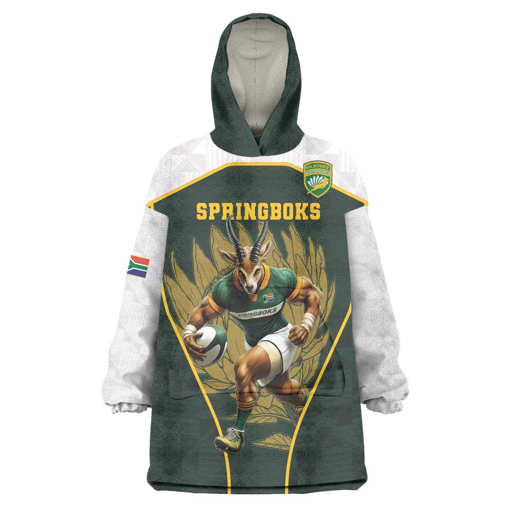 South Africa Rugby Personalised Wearable Blanket Hoodie Springboks Mascot With King Protea -  African Pattern - Wonder Print Shop