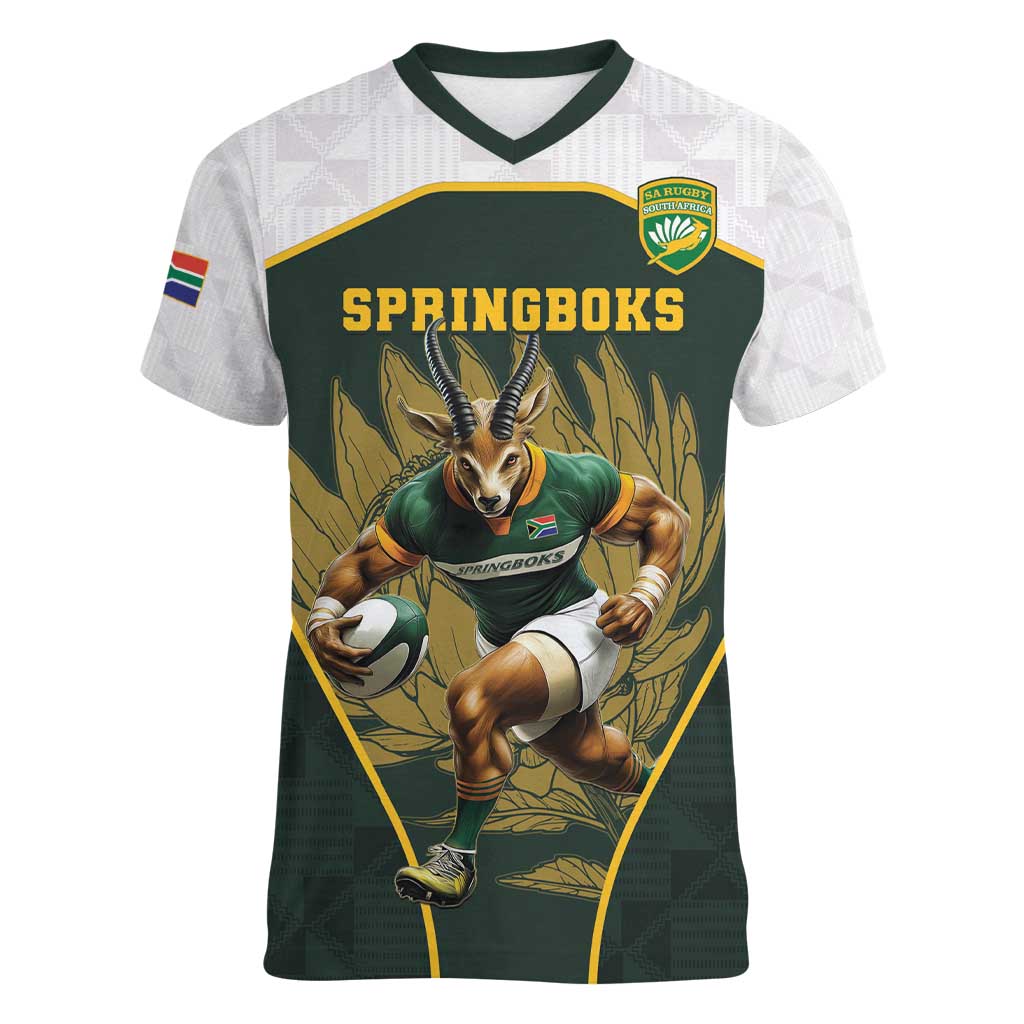 South Africa Rugby Personalised Women V-Neck T-Shirt Springboks Mascot With King Protea -  African Pattern - Wonder Print Shop