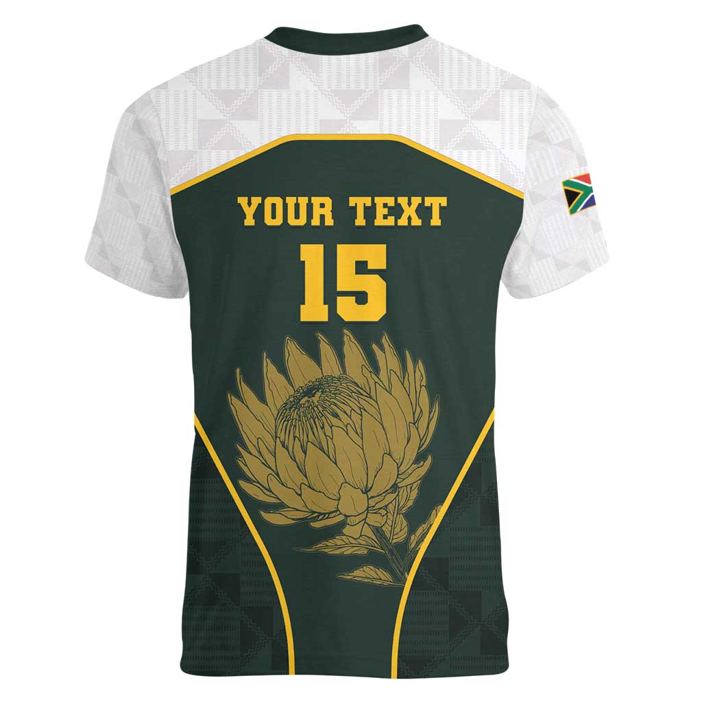 South Africa Rugby Personalised Women V-Neck T-Shirt Springboks Mascot With King Protea -  African Pattern - Wonder Print Shop
