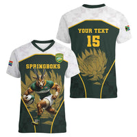 South Africa Rugby Personalised Women V-Neck T-Shirt Springboks Mascot With King Protea -  African Pattern - Wonder Print Shop