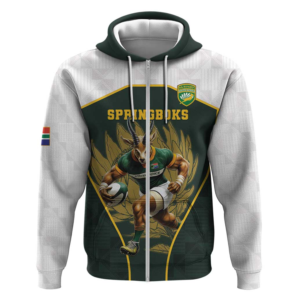 South Africa Rugby Personalised Zip Hoodie Springboks Mascot With King Protea -  African Pattern - Wonder Print Shop