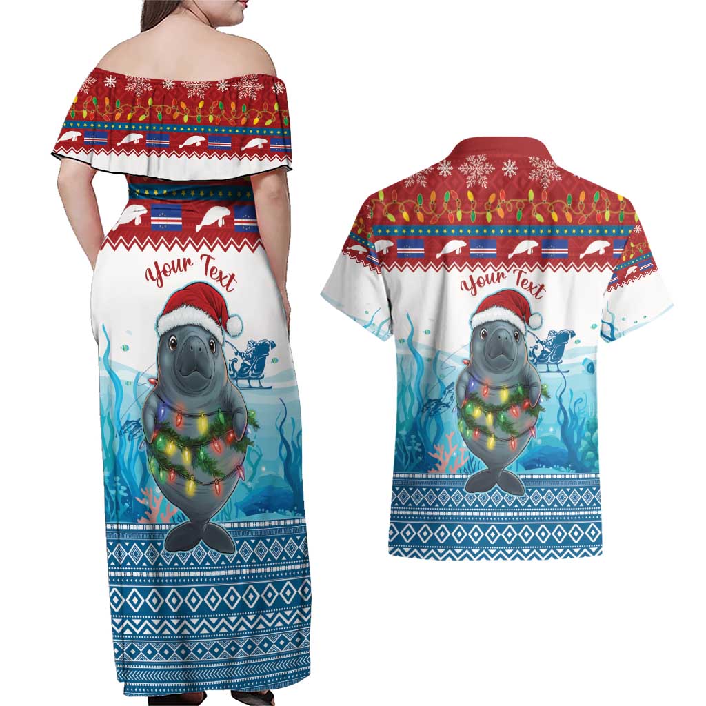 Personalised Cape Verde Christmas Couples Matching Off Shoulder Maxi Dress and Hawaiian Shirt Manatee Feliz Natal - Wonder Print Shop