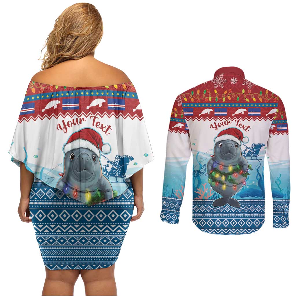 Personalised Cape Verde Christmas Couples Matching Off Shoulder Short Dress and Long Sleeve Button Shirt Manatee Feliz Natal - Wonder Print Shop