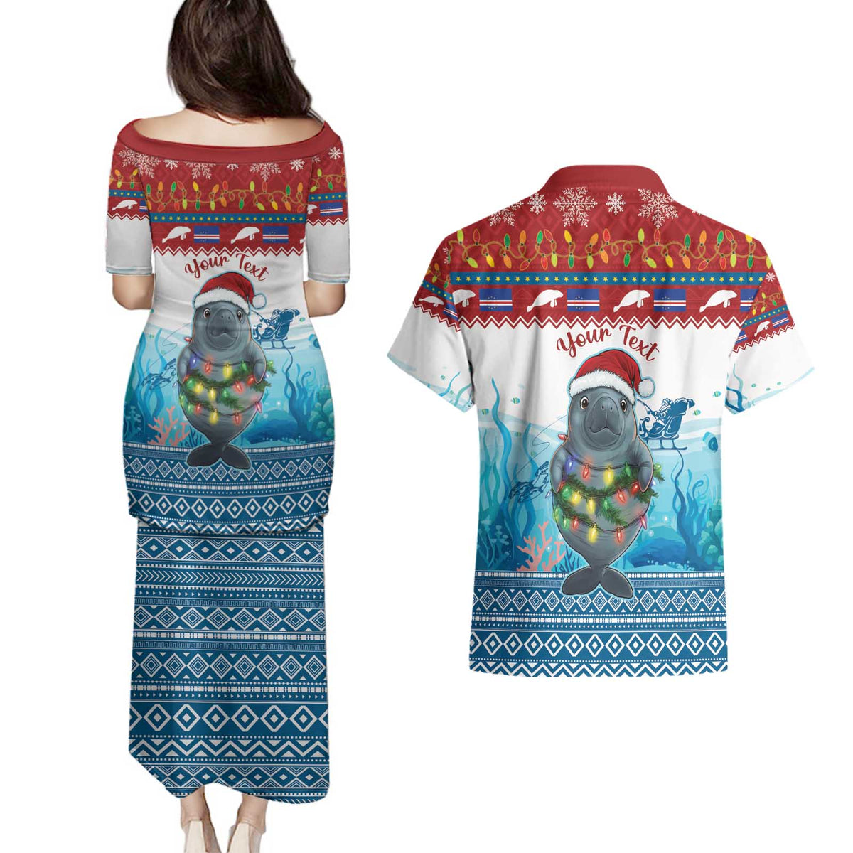 Personalised Cape Verde Christmas Couples Matching Puletasi and Hawaiian Shirt Manatee Feliz Natal - Wonder Print Shop