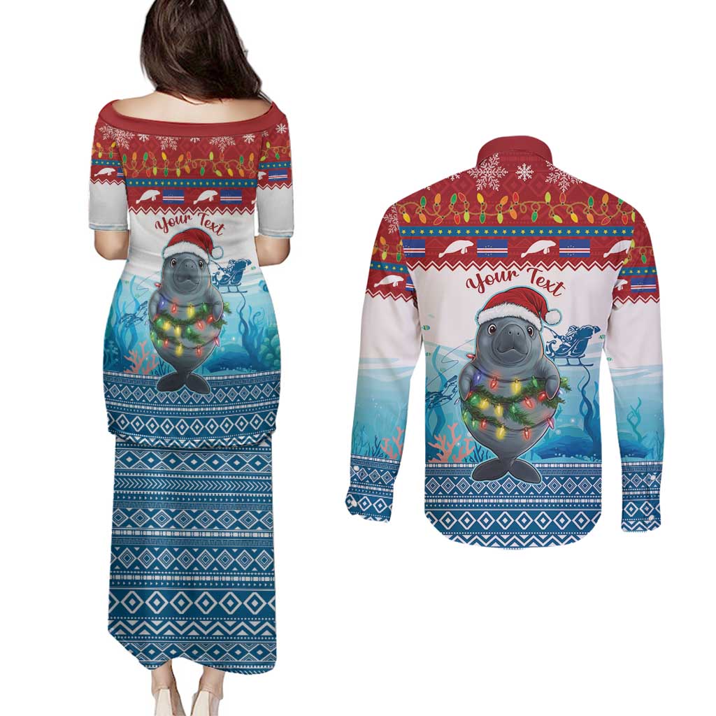 Personalised Cape Verde Christmas Couples Matching Puletasi and Long Sleeve Button Shirt Manatee Feliz Natal - Wonder Print Shop
