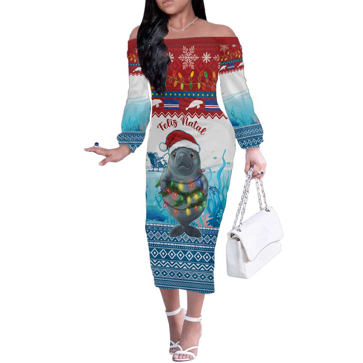 Personalised Cape Verde Christmas Family Matching Off The Shoulder Long Sleeve Dress and Hawaiian Shirt Manatee Feliz Natal - Wonder Print Shop