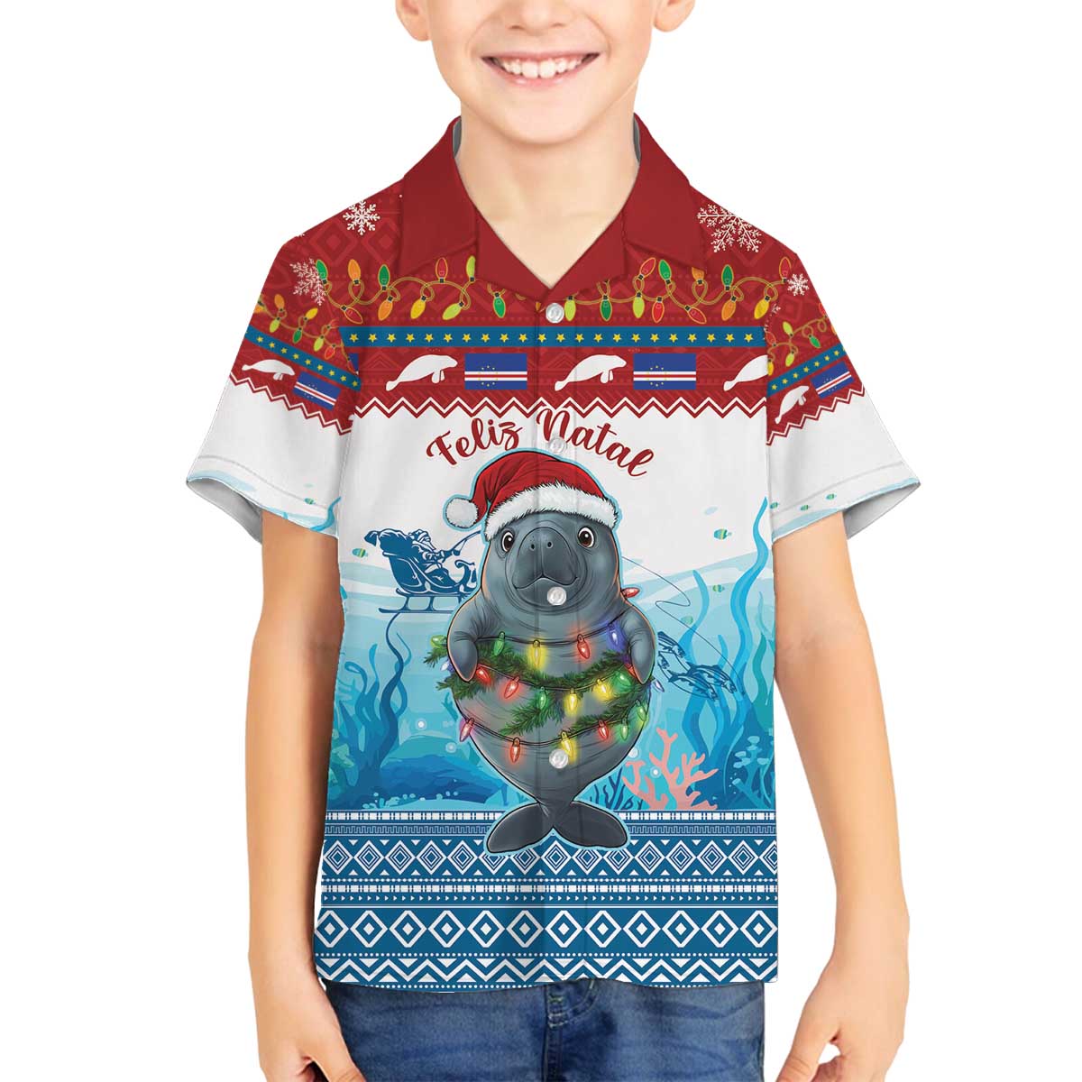 Personalised Cape Verde Christmas Family Matching Off The Shoulder Long Sleeve Dress and Hawaiian Shirt Manatee Feliz Natal - Wonder Print Shop