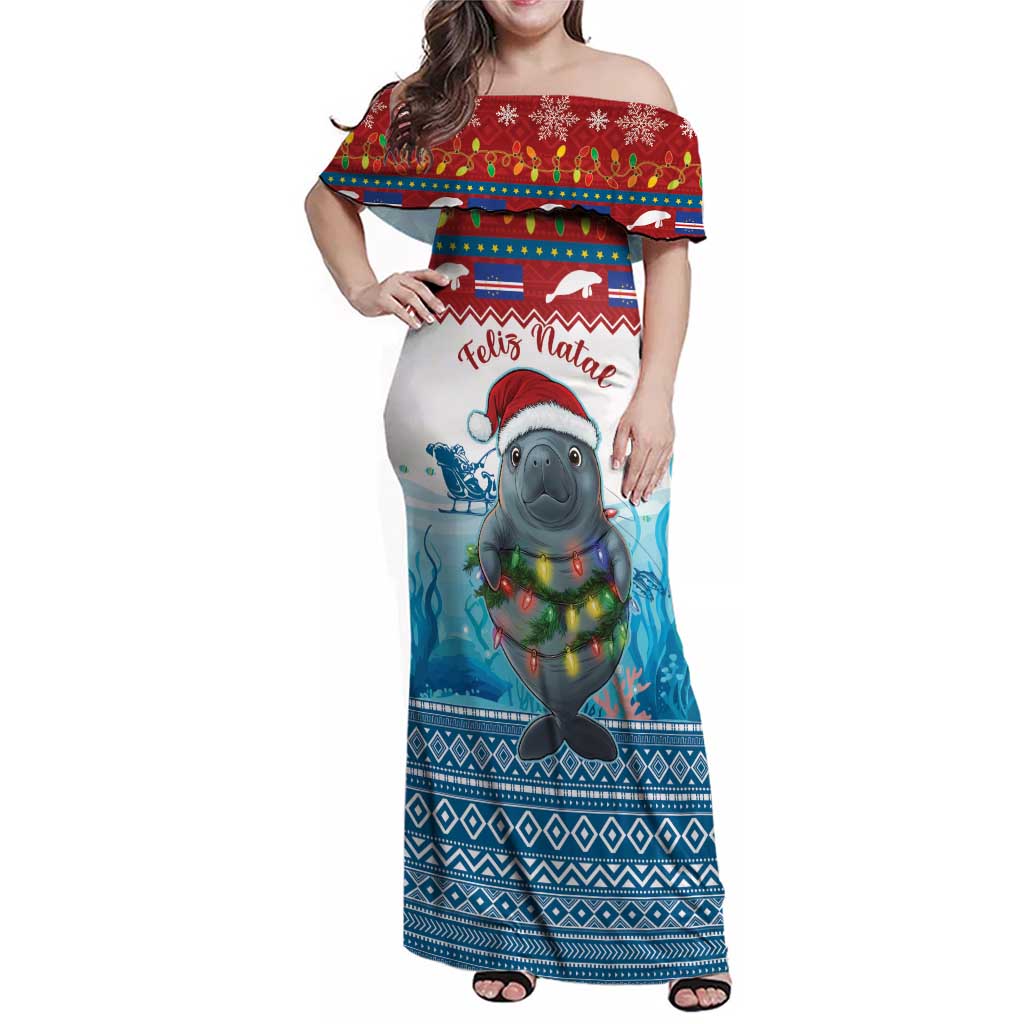 Personalised Cape Verde Christmas Family Matching Off Shoulder Maxi Dress and Hawaiian Shirt Manatee Feliz Natal - Wonder Print Shop